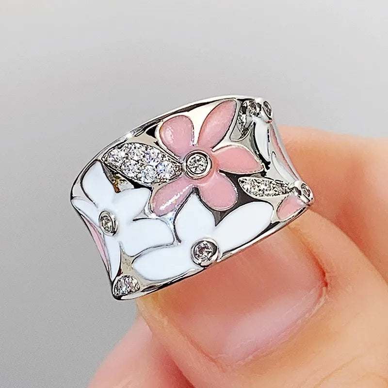 Aesthetic Enamel Flower Finger Ring for Women Wedding Party New 2023 Ring Silver Color Luxury Cubic Zirconia Jewelry Gift