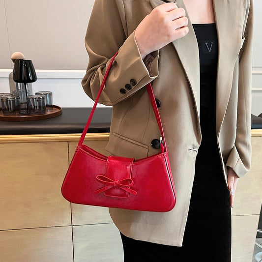 Luxury Handbag with Bow Women Fashion Shoulder Bag Purses Y2k Leisure Armpit PU Leather Travel Red Black Chic Handbag