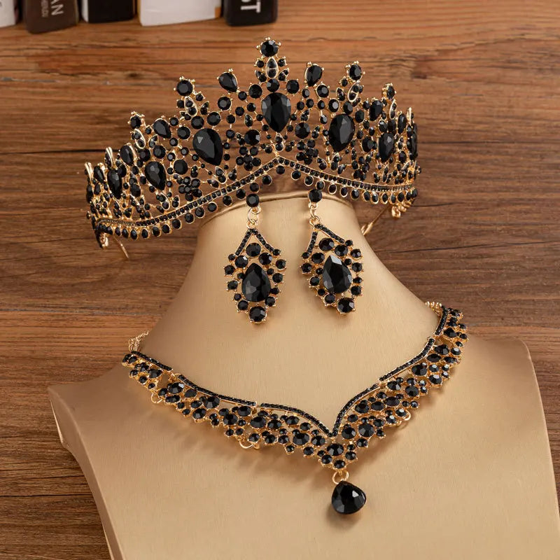 Baroque Gold Color Black Crystal Bridal Jewelry Sets Tiaras Crown Earrings Choker Necklace Women Wedding Dress Dubai Jewelry Set - EUFASHIONBAGS