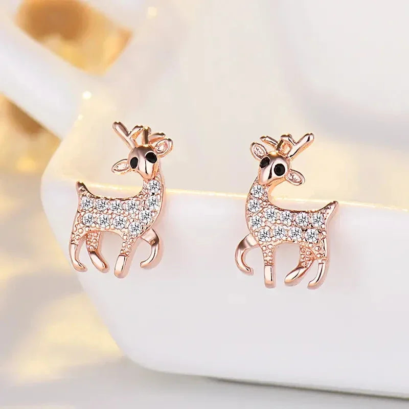 Cute Deer Animal Stud Earrings for Women Silver Color/Rose Gold Color Newly Designed Christmas Earrings Nice Gift Jewelry