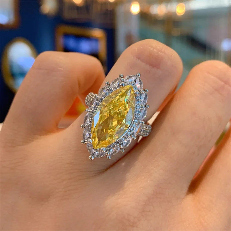 Unique Marquise Yellow CZ Ring Women for Wedding Ceremony Party Accessories Fancy Anniversary Gift New Fashion Jewelry - EUFASHIONBAGS