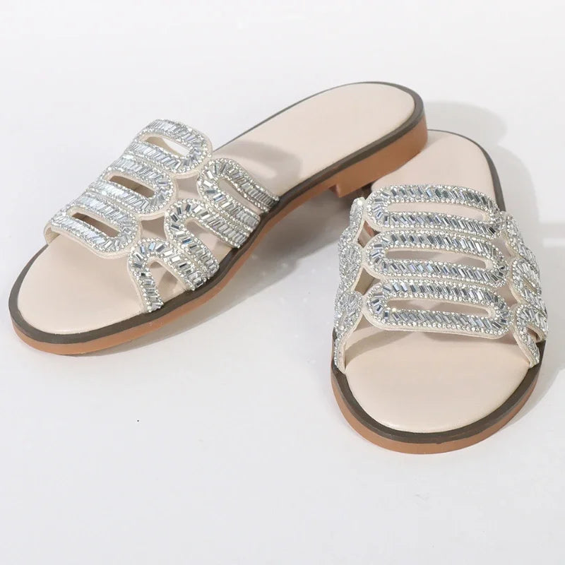 Luxury Rhinestones Flat Slippers Women 2025 Summer New Open Toe Beach Slides Slides Lady Non Slip Leisure Brand Sandals Women