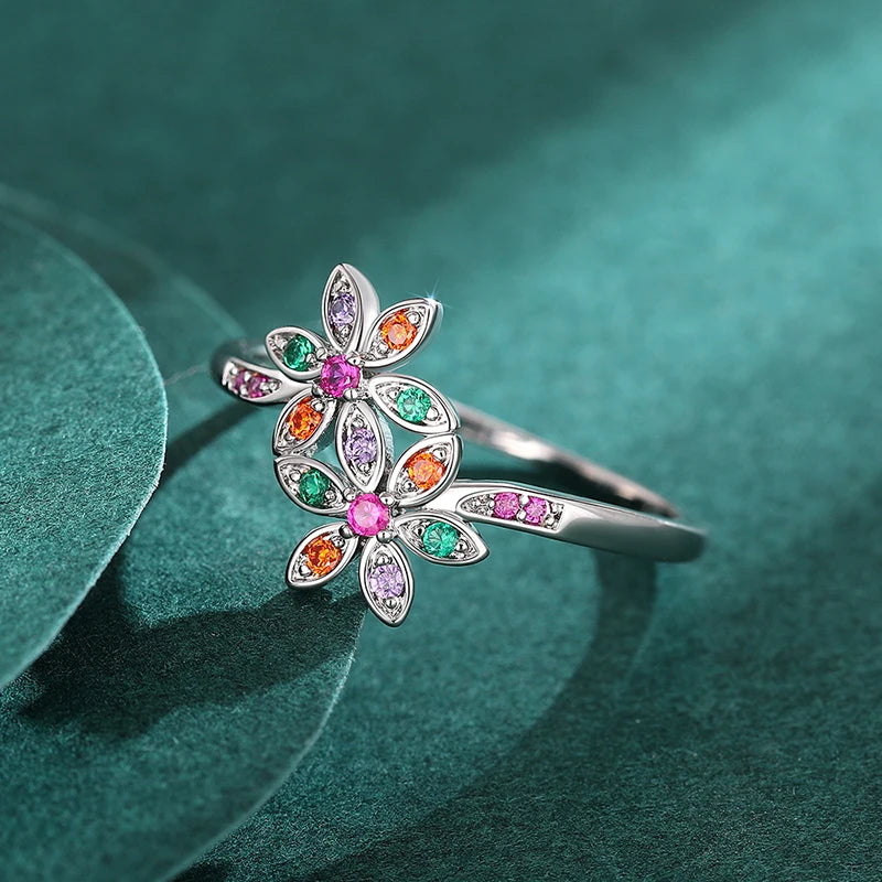 Delicate Double Flower Finger Ring Female Bright Zirconia Jewelry for Engagement Graceful Silver Color Daily Accessories