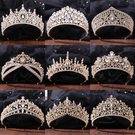 Baroque Korean Gold Color Crystal Crown Hair Accessories Luxury Rhinestone Tiara For Women Wedding Headdress Bridal Hair Jewelry - EUFASHIONBAGS