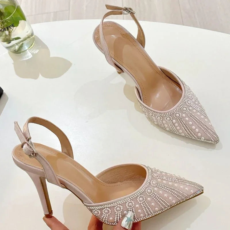 Pearl Rhinestone Pointed Toe High Heels Women 2025 New Shallow Elegant Wedding Dress Shoes Fashion Design Crystal Sandals Women