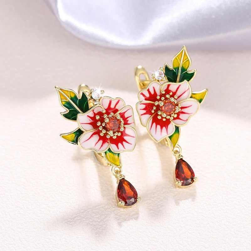 Flower Earrings for Women Red Flower Green Leaf Aesthetic Enamel Earrings Wedding Party Temperament Lady Jewelry