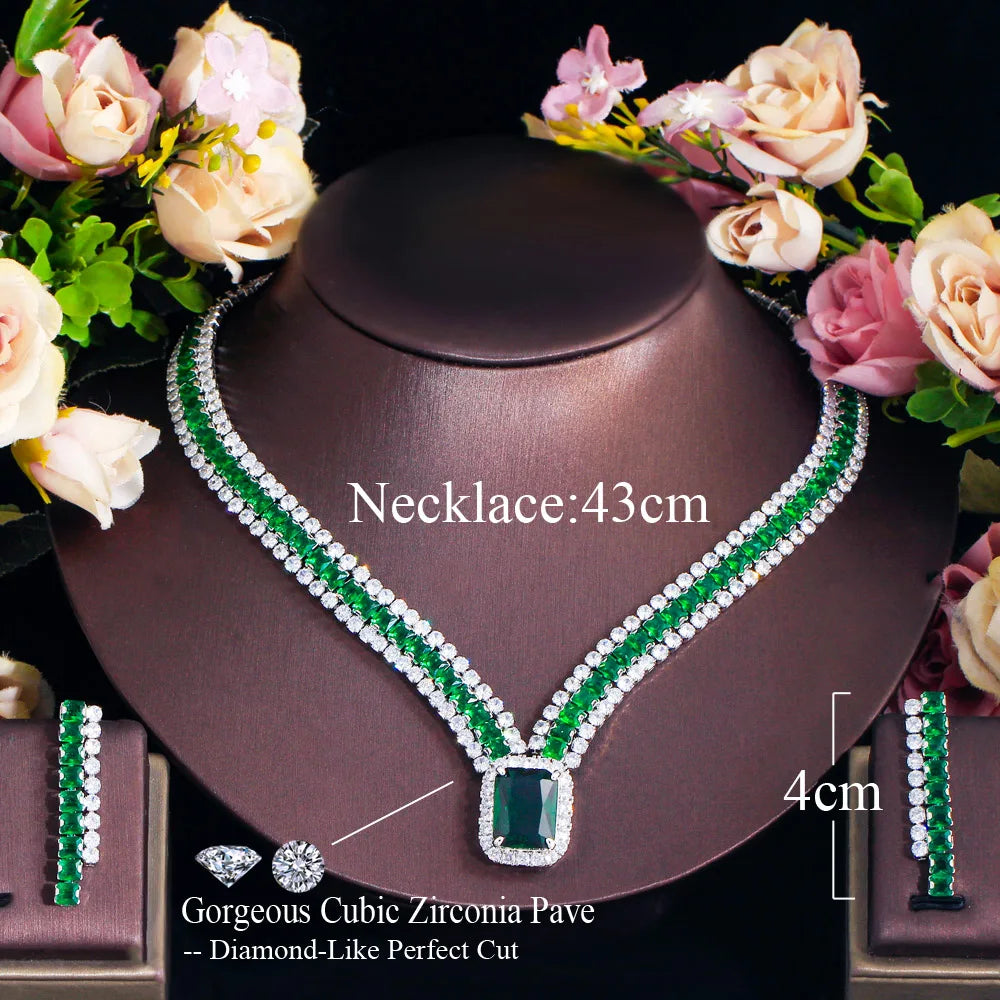 Big Rectangle Green Cubic Zirconia Stone Women Evening Dancing Party Costume Jewelry Sets for Brides Wedding - EUFASHIONBAGS