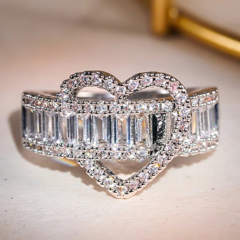 Dazzling Heart Cubic Zirconia Rings Charms Fashion Wedding Band Jewelry for Women Exquisite Accessories for Engagement - EUFASHIONBAGS