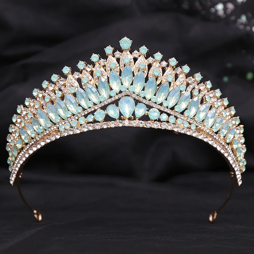 New Luxury Gold Color Green Opal Crystal Flower Water Drop Tiaras Crown Women Wedding Party Diadem Bridal Crown Hair Accessories - EUFASHIONBAGS