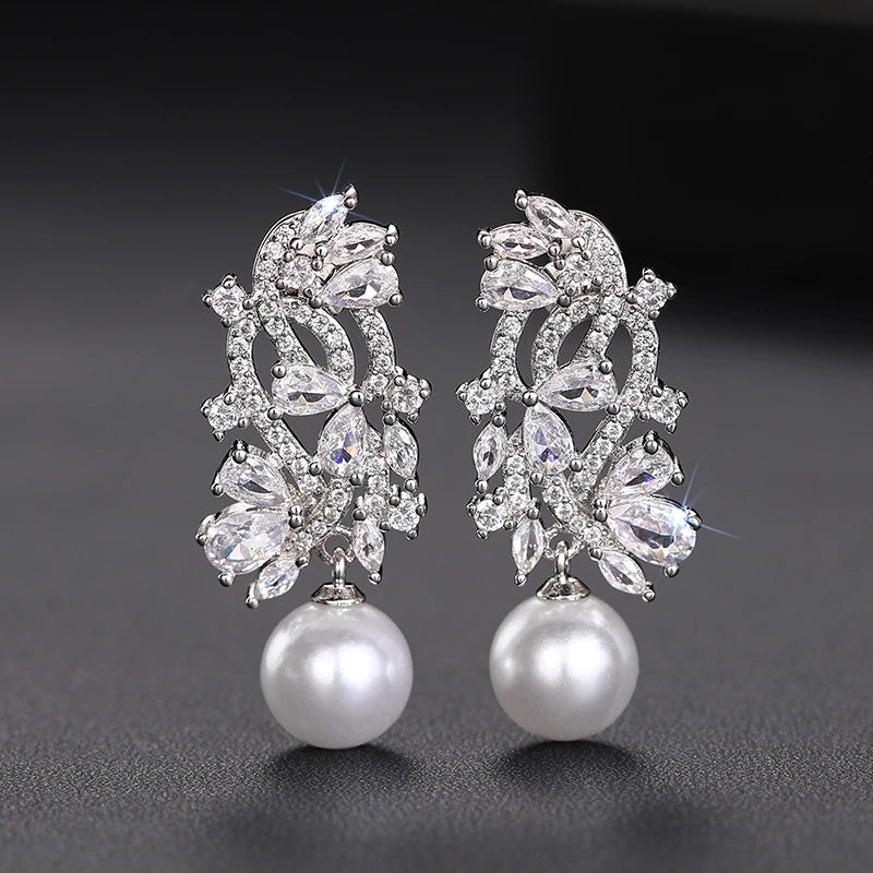 Lady Wedding Earrings with Simulated Pearl Graceful Accessories for Engagement Brilliant Zirconia Pendant Jewelry - EUFASHIONBAGS