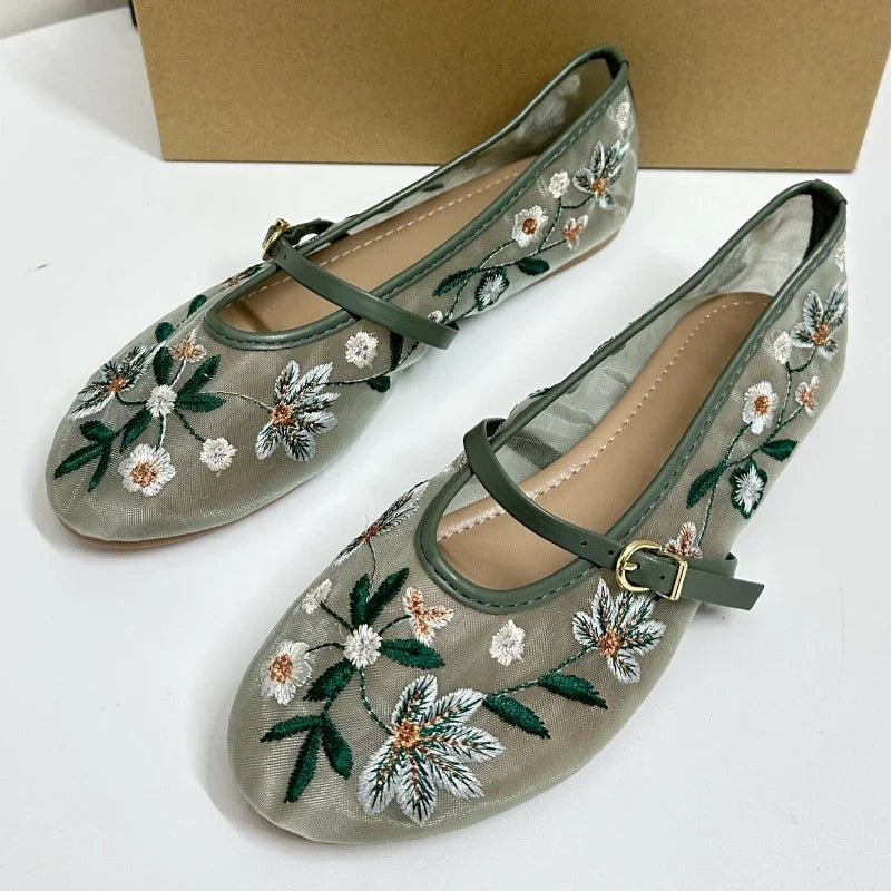 Mesh Embroidered Ballet Flats Shoes Women Round Toe Breathable Soft Sole Footwear Female Flower Designer Mary Jane Shoes Women