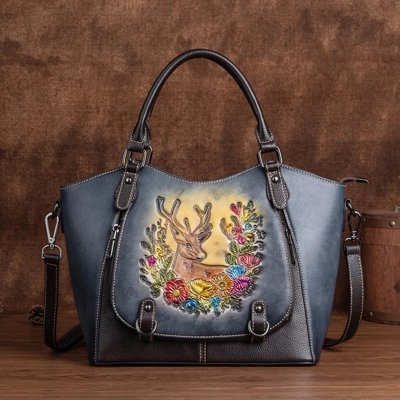 Cowhide Women's Tote Bag Vintage Deer Pattern Genuine Leather Shoulder Bags Luxury Designer High Quality Women Handbag