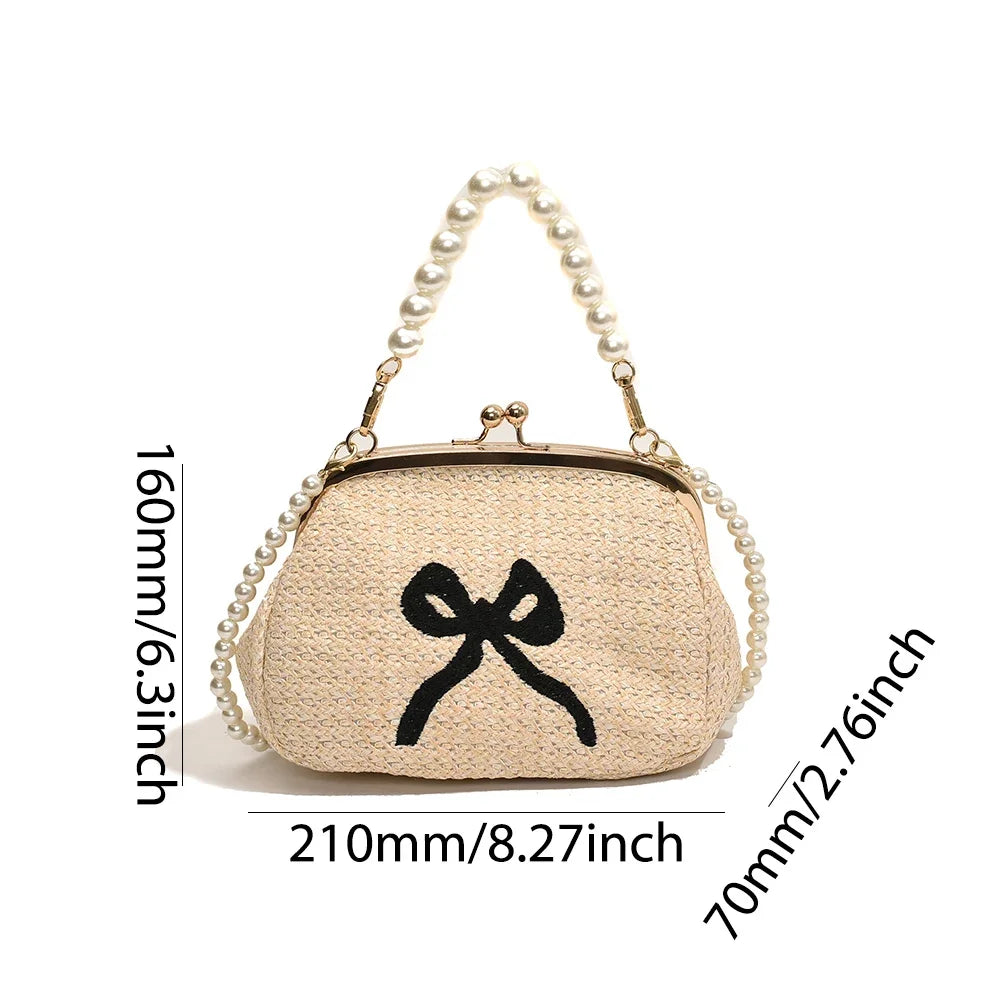 Summer Straw Beach Bag Women Bow Shoulder Bags Fashion Pearl Chain Clutch Handbag Purses Luxury Hand Bag Crossbody Bag for Women