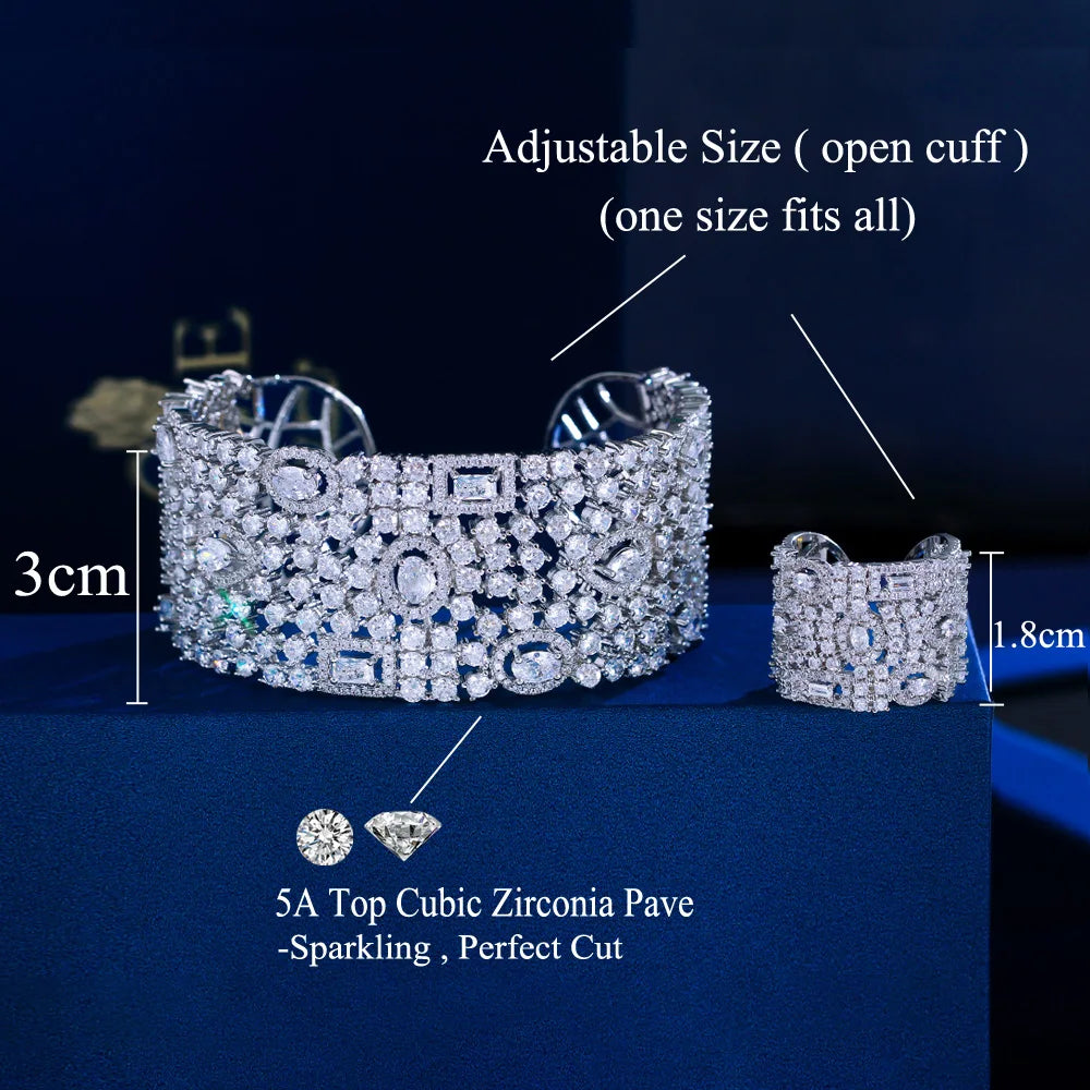 Luxury Chunky Cubic Zirconia Inlay Wide Big Open Cuff Bangle and Ring Dubai Wedding Bridal Party Jewelry Sets - EUFASHIONBAGS