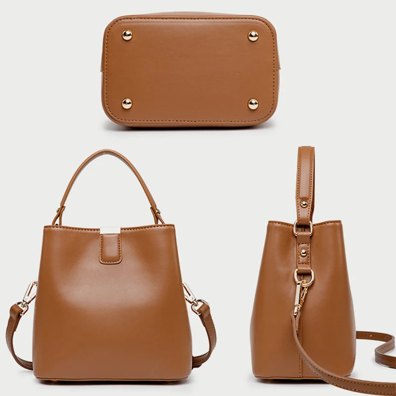 Genuine Leather Women Bucket Bag Large Capacity Fashion Women's Shoulder Bag Cow Leather Crossbody Bags