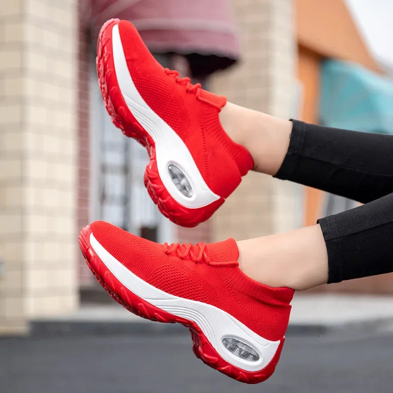 Women Tennis Shoes Air Cushion Red Sports Shoes High Heels Mesh Lace-up Female Sock Footwear Outdoor Thick Bottom Women Sneakers - EUFASHIONBAGS