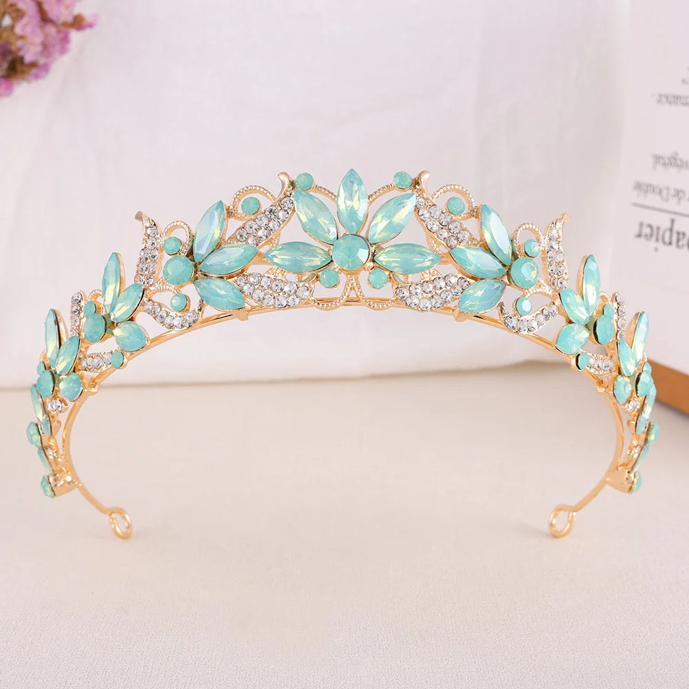 Baroque Opal Leaf Wedding Hair Tiara Crystal Bridal Tiara Crown Silver Color Diadem Veil Tiaras Bride Hair Accessories Headpiece - EUFASHIONBAGS