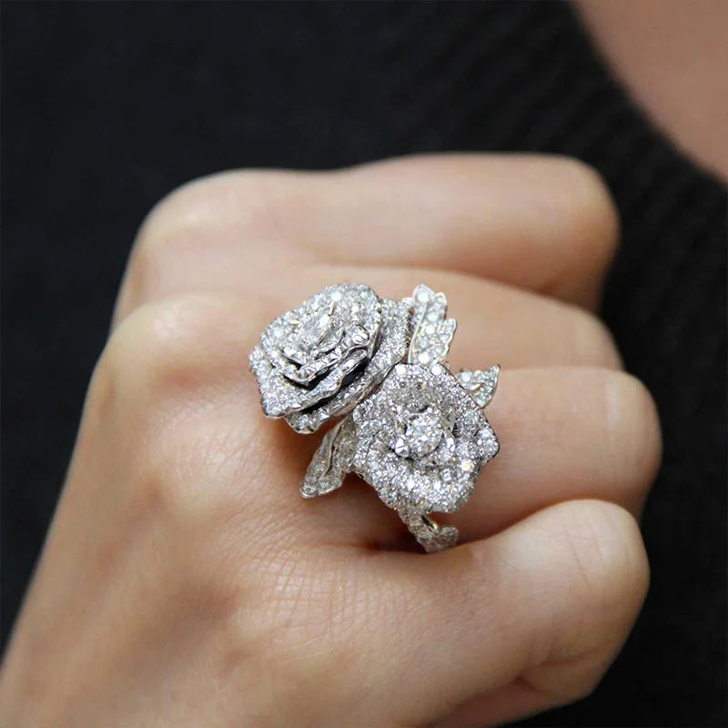 Brilliant Zirconia Ring Lady Party Jewelry with Exquisite Design Fashion Chic Rose Shape Finger Accessories Gift - EUFASHIONBAGS