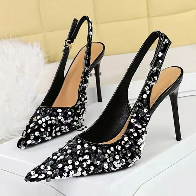 Fashion Gold Sequined Ankle Strap Women Pumps Pointed Toe Slingbacks Stiletto High Heels Wedding Prom Shoe Size 43