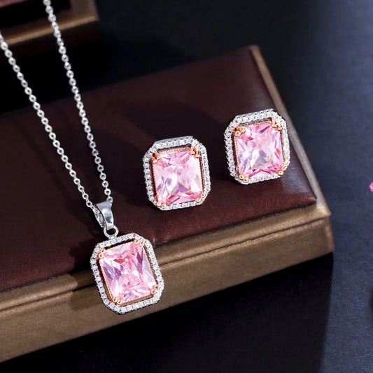 Bling Pink Cubic Zirconia Crystal Rectangle Pendant Necklace and Earrings New Trendy Women Jewelry Sets Gift - EUFASHIONBAGS