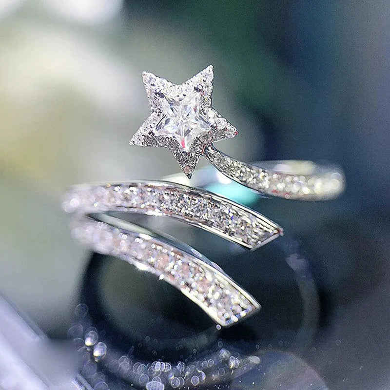 Delicate Shining Star Ring Female Fashion Engagement Party Accessories Luxury Bright CZ Wedding Band Statement Jewelry