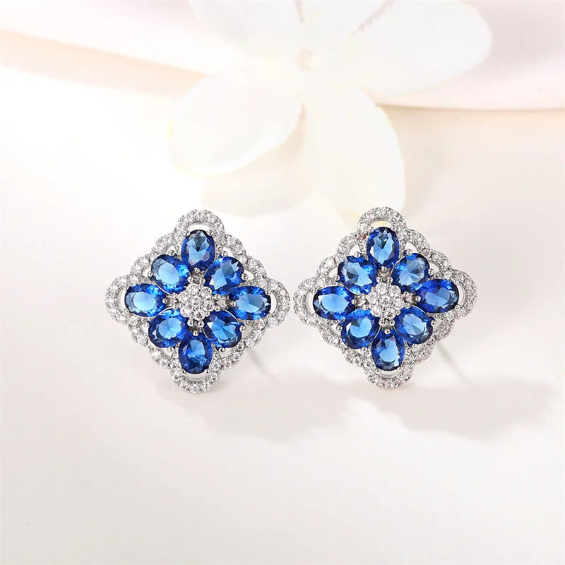 Blue CZ Earrings Women Engagement Wedding Anniversary Party Elegant Lady's Ear Stud Accessories Fashion Jewelry - EUFASHIONBAGS