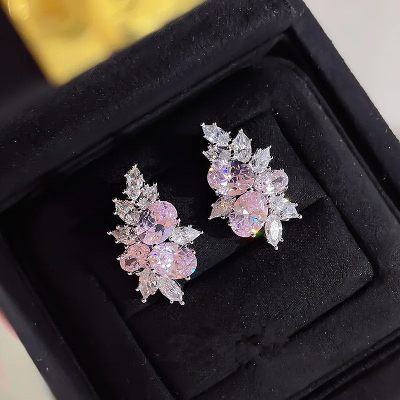 Pink Cubic Zirconia Stud Earrings Women Temperament Sweet Ear Accessories Daily Wear Luxury Trendy Female Jewelry Gift