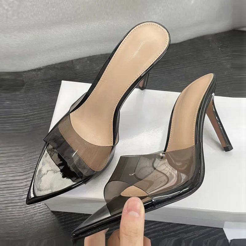 Candy Color Jelly PVC Transparent Slipper For Women Street Sexy Pointed Open Toe Thin High Heels Mules Slides Shoes Sandal - EUFASHIONBAGS