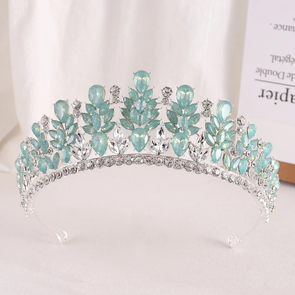 Luxury Blue Opal Crystal Flowers Water Drop Tiaras Crowns Women Headbands Wedding Party Elegant Pageant Diadem Hair Accessories - EUFASHIONBAGS