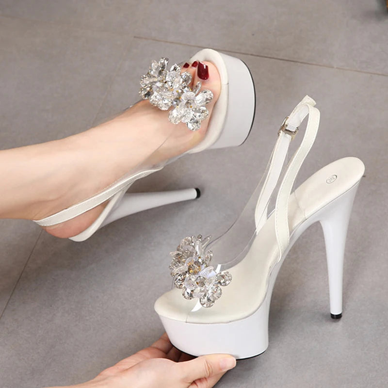 PVC Transparent Women Back Buckle Strap Platform Sandals Fashion Crystal Peep Toe 13CM Super High Heels Party Dress Shoes