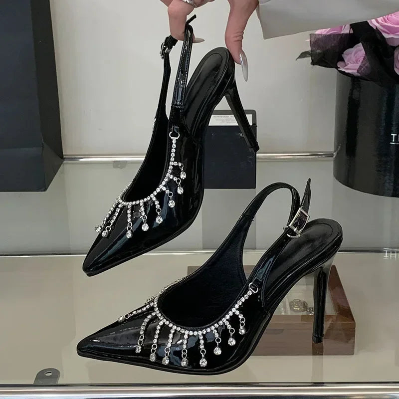 Rhinestones Chain Sexy High Heels Ladies Slingbacks Designer Brand Party Dress Shoe Female Pointed Toe Pumps Mules Sandals Women