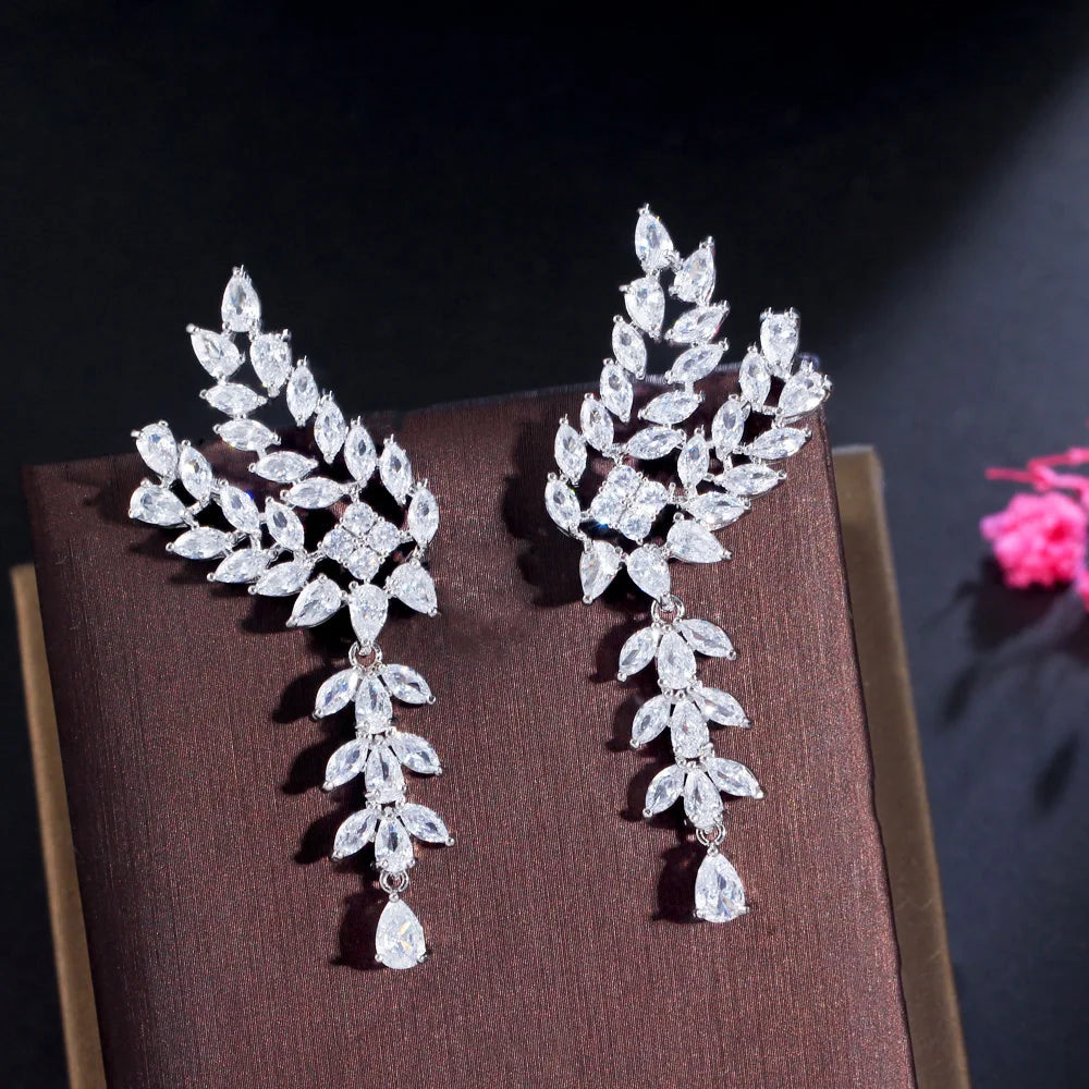 Chic Leaf Wing Delicate Cubic Zircon White Gold Plated Big Long Dangle Party Engagement Earrings for Women Gift - EUFASHIONBAGS