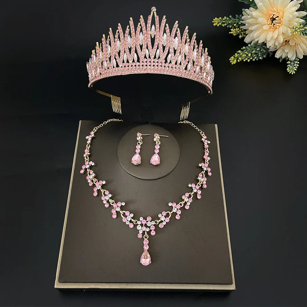 Gold Color Pink Crystal Bridal Jewelry Sets for Women Fashion Tiaras Earrings Necklace Crown Wedding Dubai Jewelry Set - EUFASHIONBAGS