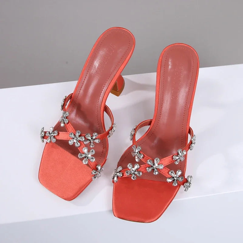 Diamond Flower Heeled Slippers Women NEW 2025 Open Toe Silk Slingback Sandals Women Slides Designer High Heels Zapatos De Mujer