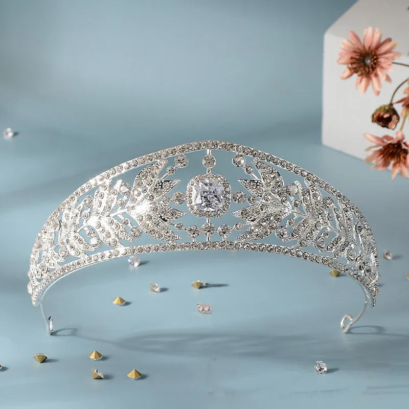 Luxury Cubic Zirconia Crowns Crystal Leaf Bridal Tiaras Fashion Queen Rhinestone Diadem Bride Headpiece Wedding Hair Accessories - EUFASHIONBAGS