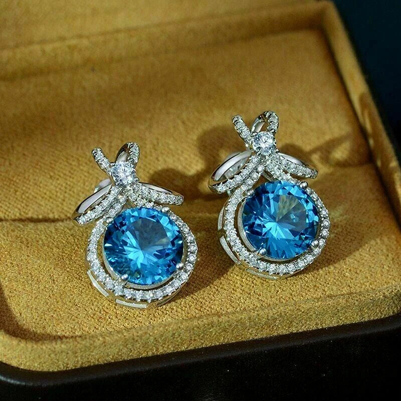 Sky Blue CZ Bow Earrings for Women Silver Color New Trendy Bridal Wedding Earrings Temperament Lady Party Jewelry