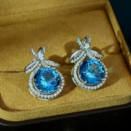 Sky Blue CZ Bow Earrings for Women Silver Color New Trendy Bridal Wedding Earrings Temperament Lady Party Jewelry