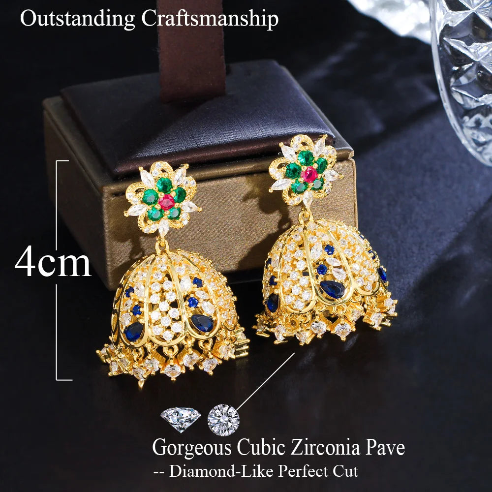 Bling Ethnic Hollow Bell Drop Dangle Chandelier Wedding Party Earrings for Women Indian Gold Plated CZ Jewelry - EUFASHIONBAGS