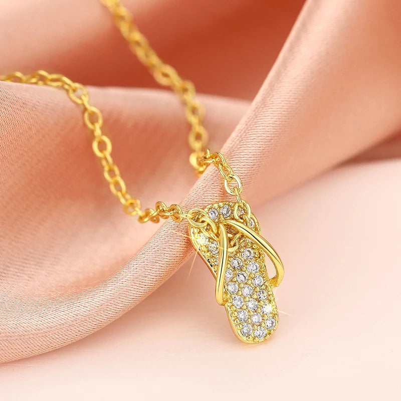 Fancy Slipper Shaped Pendant Necklace Female Cute Girls Gold Color Bright CZ Jewelry for Daily Life Delicate Accessories