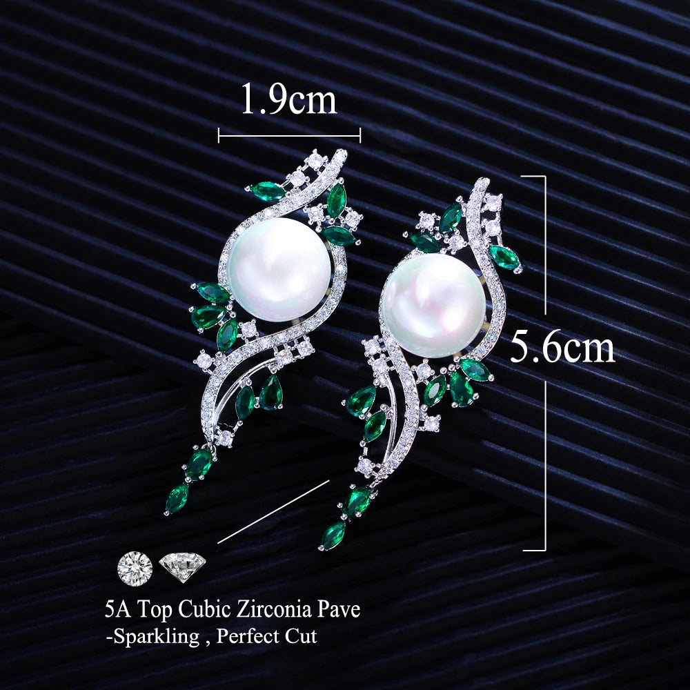 Green Cubic Zirconia Long Dangle Drop Big Pearl Wedding Pageant Bridal Party Earrings for Women - EUFASHIONBAGS