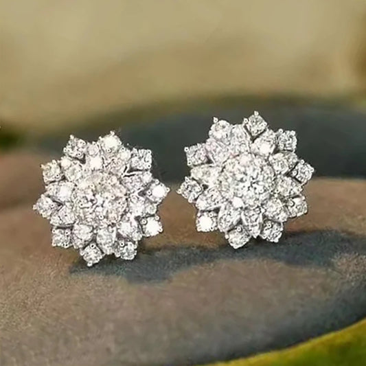 Lady Flower Stud Earrings with Shiny Zirconia Delicate Silver Color Accessories for Engagement Aesthetic Jewelry