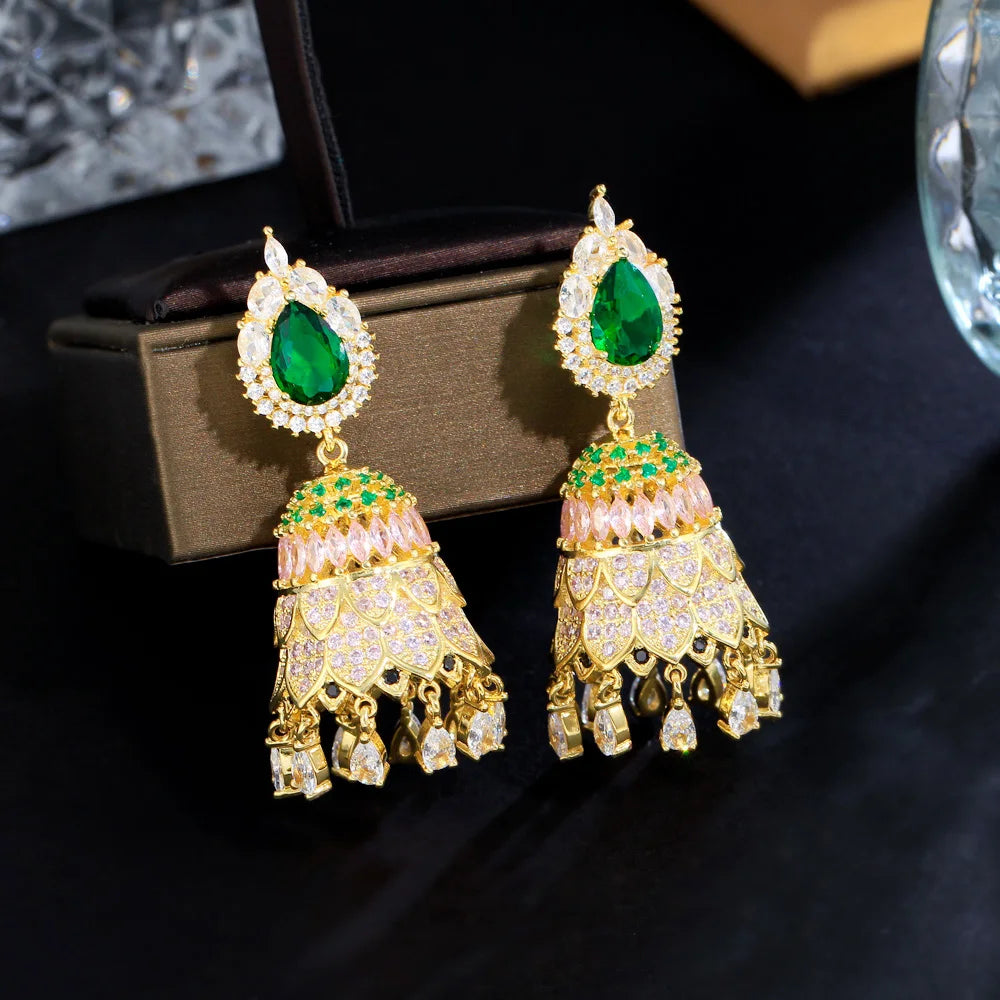 Top Shiny Royal Green Cubic Zirconia Paved Dangling Drop Fringed Earrings for Wedding Party Jhumka Jhumki Jewel - EUFASHIONBAGS