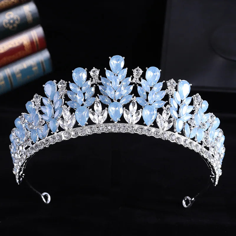 Luxury Blue Opal Crystal Flowers Water Drop Tiaras Crowns Women Headbands Wedding Party Elegant Pageant Diadem Hair Accessories - EUFASHIONBAGS