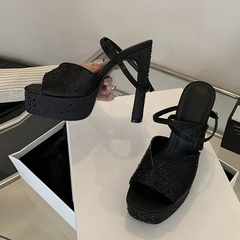 Fashion Rhinestone High Heels Women Sexy Sandals Crystal Silk Ankle Strap Female Square Toe Chunky Platform Shoes Black - EUFASHIONBAGS