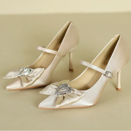 Luxury Butterfly-knot Pointed High Heels Women Rhinestone Buckle Party Dress Shoes Fashion Designer Wedding Shoes Pumps