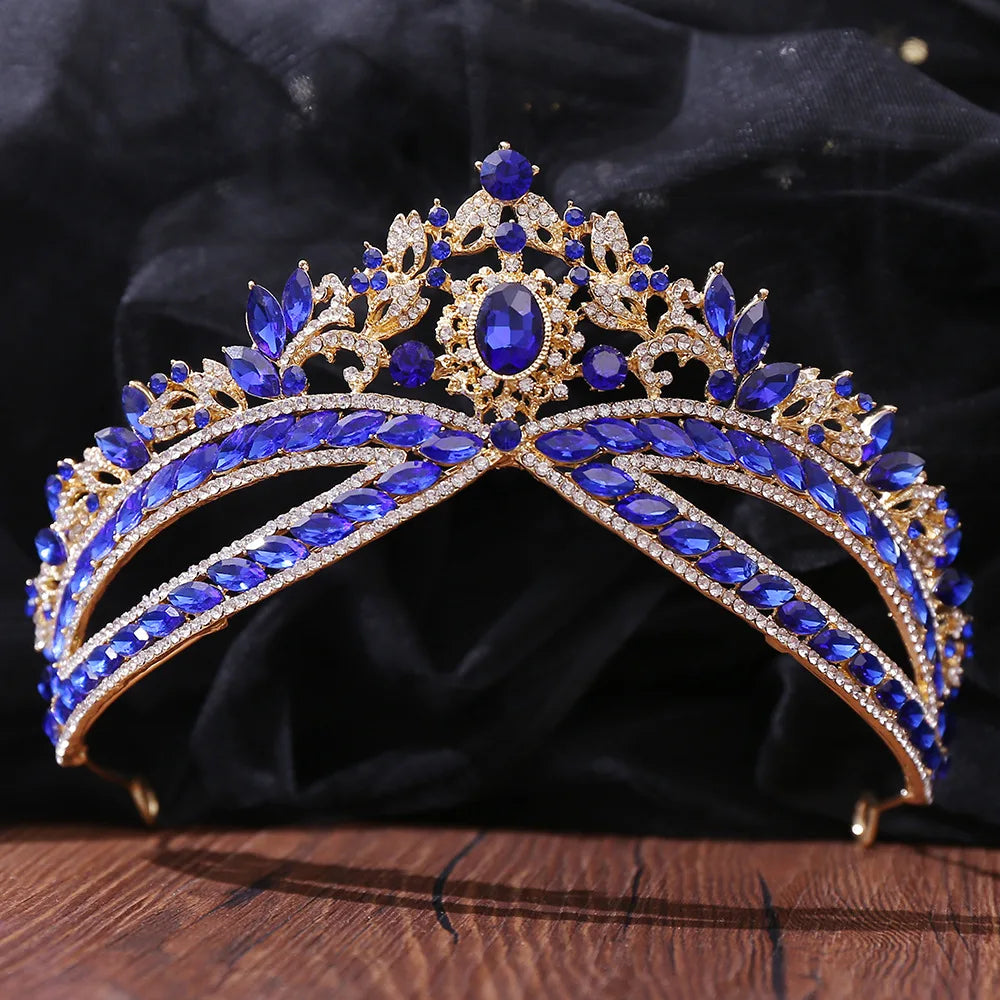 Baroque Blue Opal Crystal Wedding Crown Royal Queen Bridal Tiaras and Crowns Bride Hair Jewelry Pageant Diadem Head Accessories - EUFASHIONBAGS