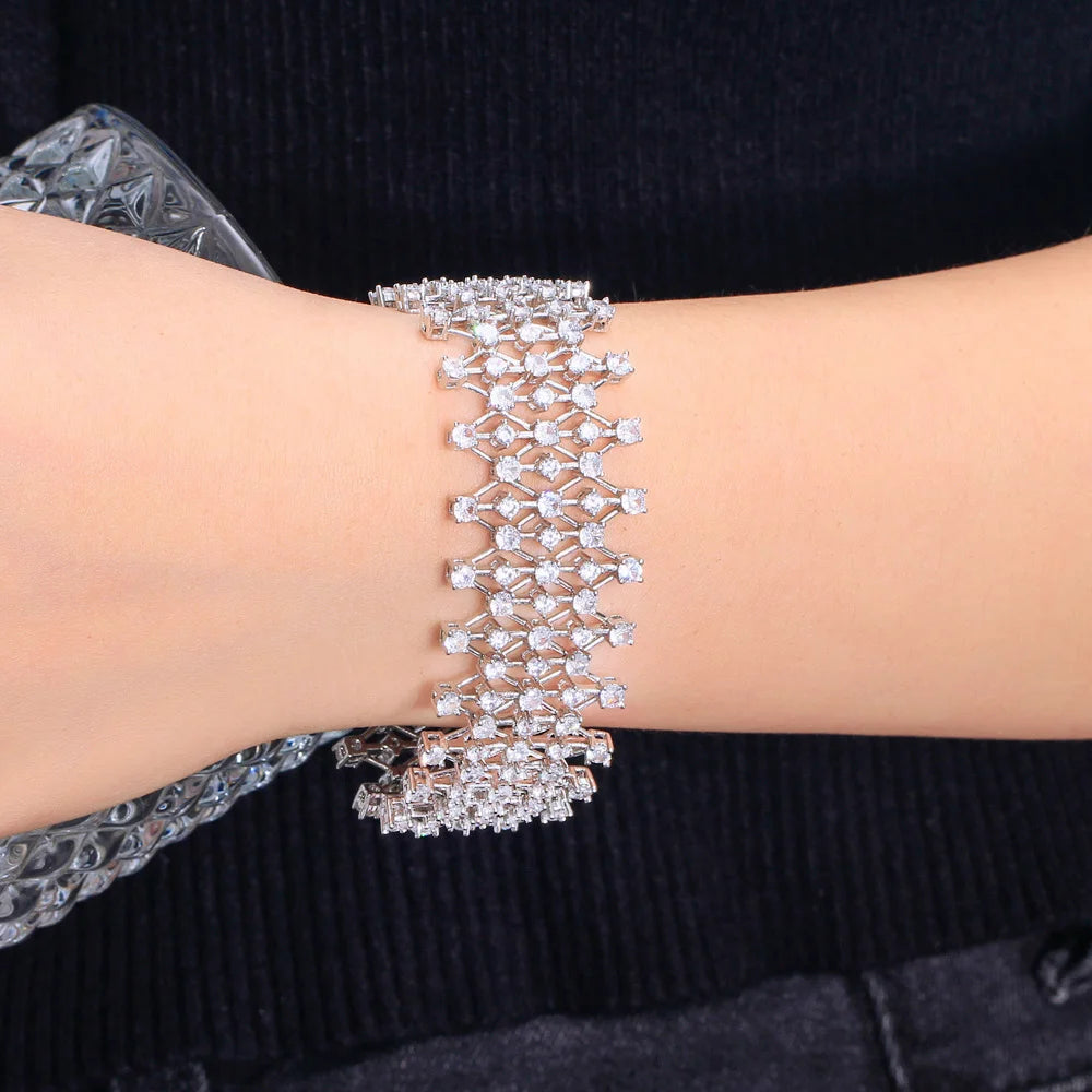 Super Shiny Round Multiple Cubic Zirconia Paved Wide Big Tennis CZ Bracelets for Women Wedding Prom Jewellery - EUFASHIONBAGS