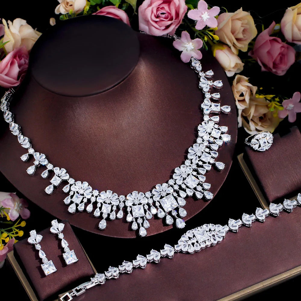 4pcs Dubai Cubic Zirconia Paved Flower Fringed Expensive Luxury Chunky Wedding Bridal Jewelry Sets for Women