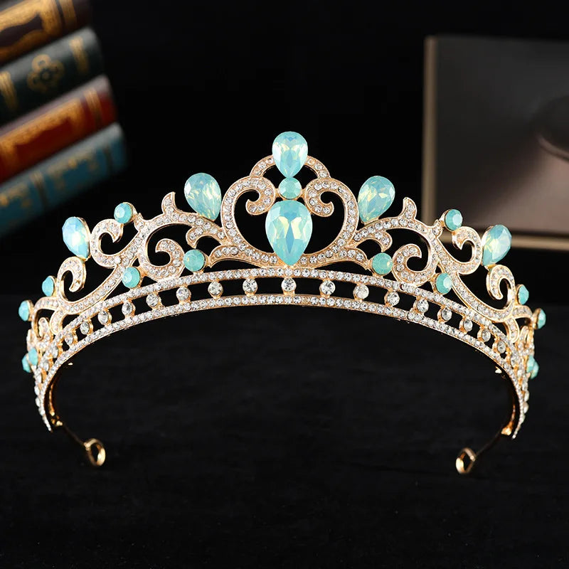 Blue Opal Crystal Bridal Tiaras and Crowns for Queen Bride Headwear Prom Diadem Wedding Crown Hair Jewelry Accessories - EUFASHIONBAGS