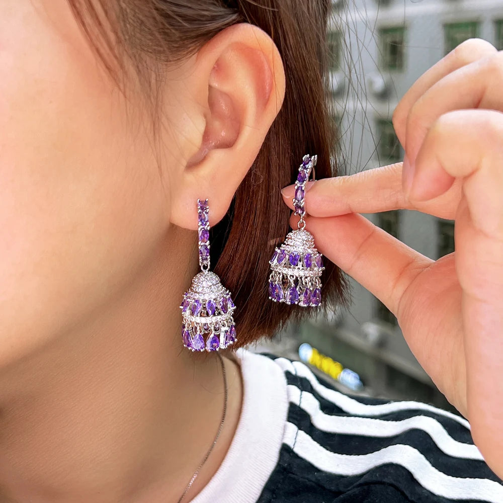 Luxury Purple Cubic Zirconia Chandelier Dangle Water Drop Long Jhumkas Earrings for Women Wedding Party Jewelry - EUFASHIONBAGS